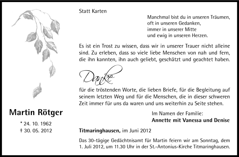  Traueranzeige für Martin Rötger vom 23.06.2012 aus Tageszeitung