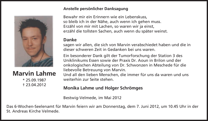  Traueranzeige für Marvin Lahme vom 04.06.2012 aus WESTDEUTSCHE ALLGEMEINE ZEITUNG
