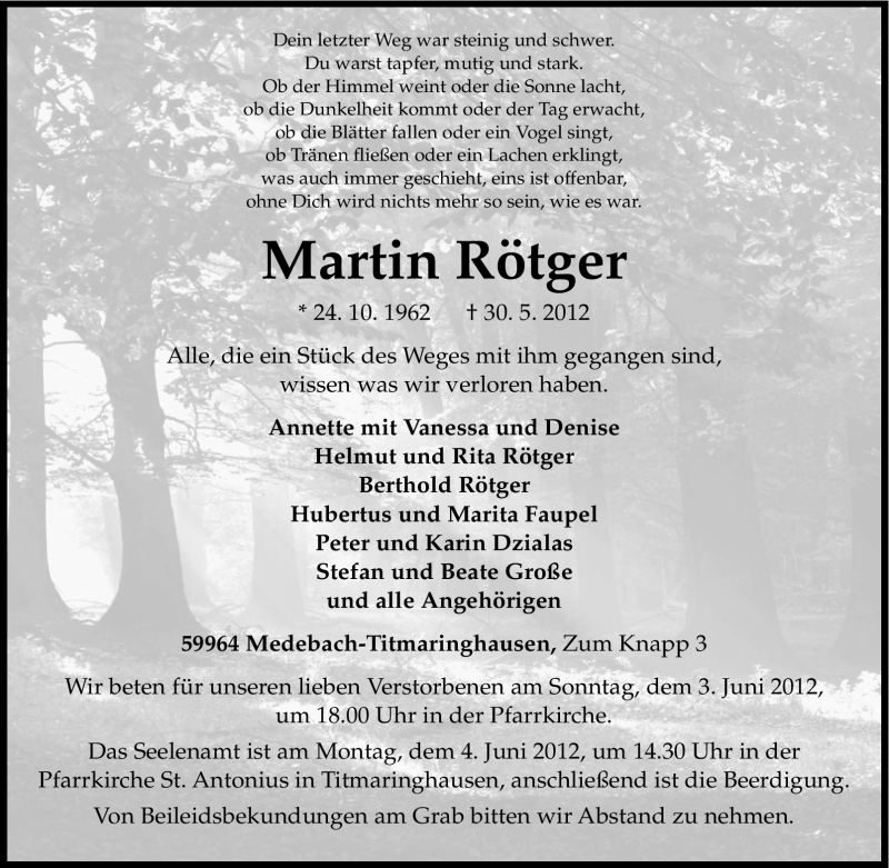  Traueranzeige für Martin Rötger vom 01.06.2012 aus Tageszeitung