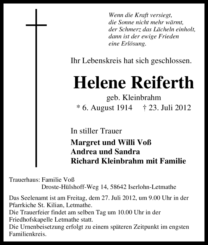  Traueranzeige für Helene Reiferth vom 24.07.2012 aus WESTDEUTSCHE ALLGEMEINE ZEITUNG
