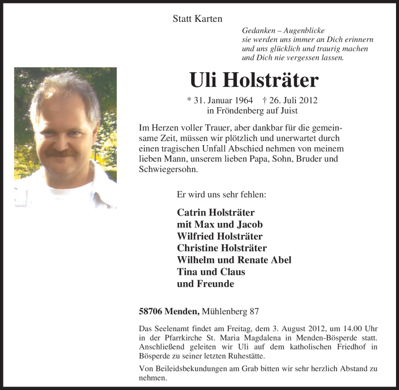  Traueranzeige für Uli Holsträter vom 31.07.2012 aus Tageszeitung