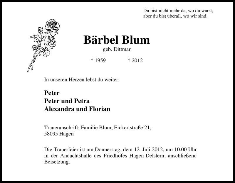  Traueranzeige für Bärbel Blum vom 11.07.2012 aus WESTDEUTSCHE ALLGEMEINE ZEITUNG