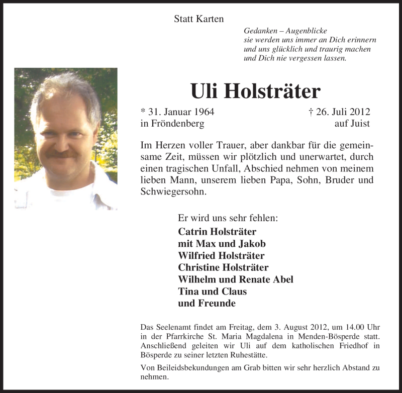  Traueranzeige für Uli Holsträter vom 01.08.2012 aus Tageszeitung