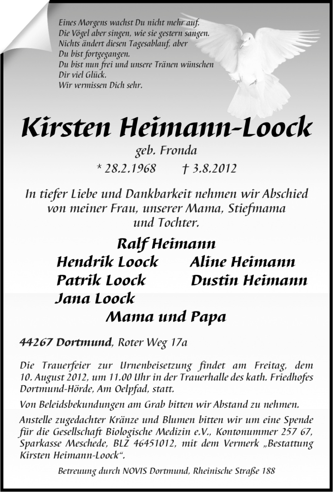  Traueranzeige für Kirsten Heimann-Loock vom 07.08.2012 aus Tageszeitung