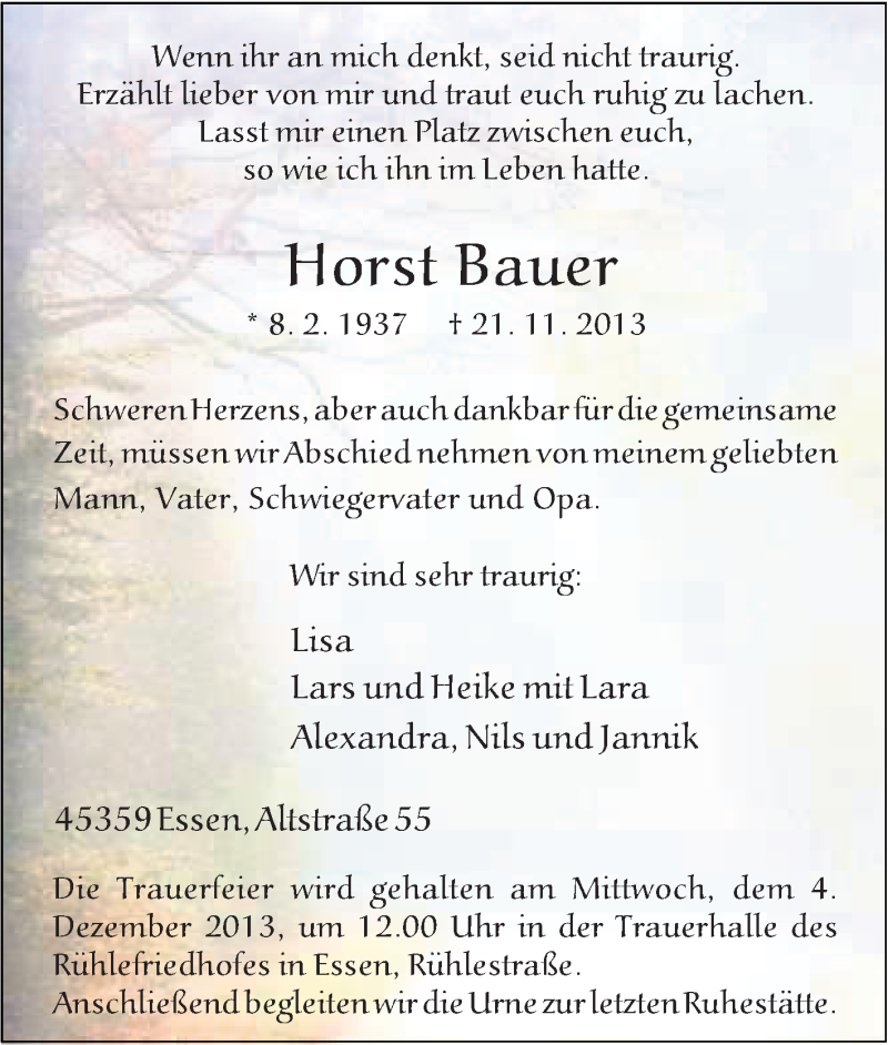  Traueranzeige für Horst Bauer vom 30.11.2013 aus Tageszeitung
