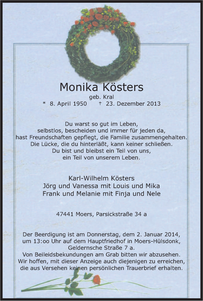  Traueranzeige für Monika Kösters vom 30.12.2013 aus Tageszeitung