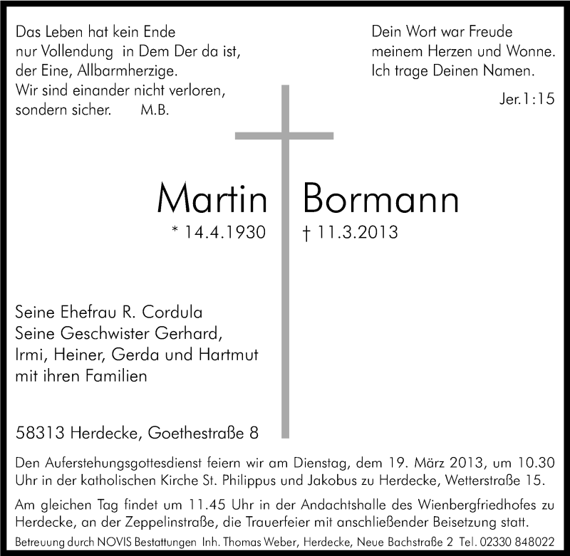  Traueranzeige für Martin Bormann vom 15.03.2013 aus waz