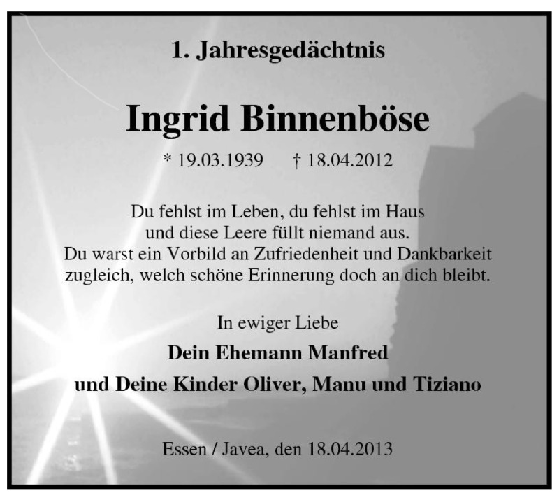  Traueranzeige für Ingrid Binnenböse vom 18.04.2013 aus Tageszeitung