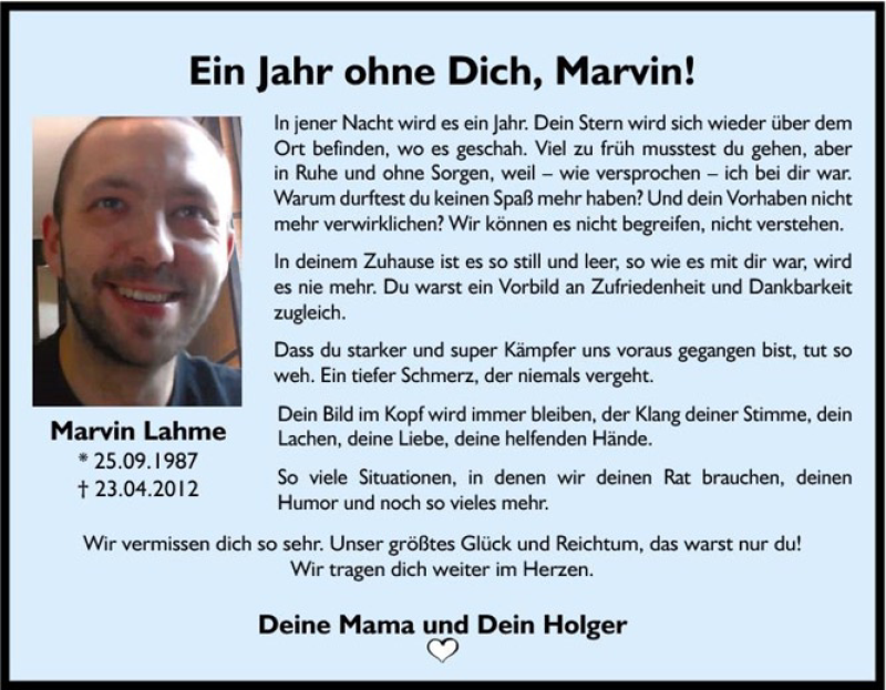  Traueranzeige für Marvin Lahme vom 23.04.2013 aus Westdeutsche Allgemeine Zeitung