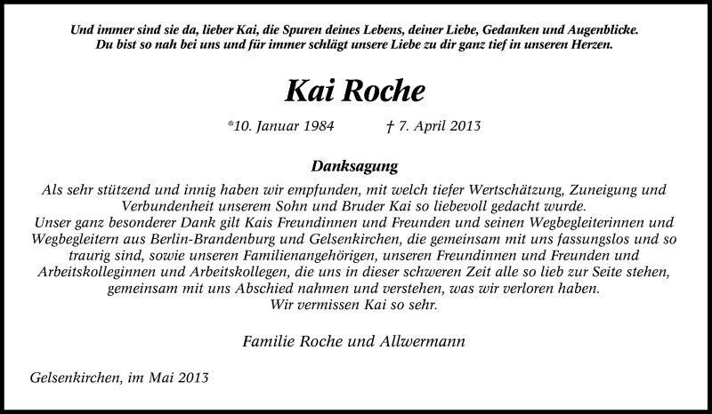  Traueranzeige für Kai Roche vom 25.05.2013 aus Tageszeitung