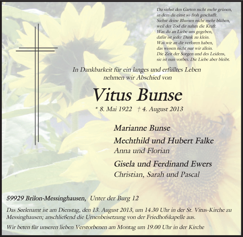  Traueranzeige für Vitus Bunse vom 07.08.2013 aus Tageszeitung