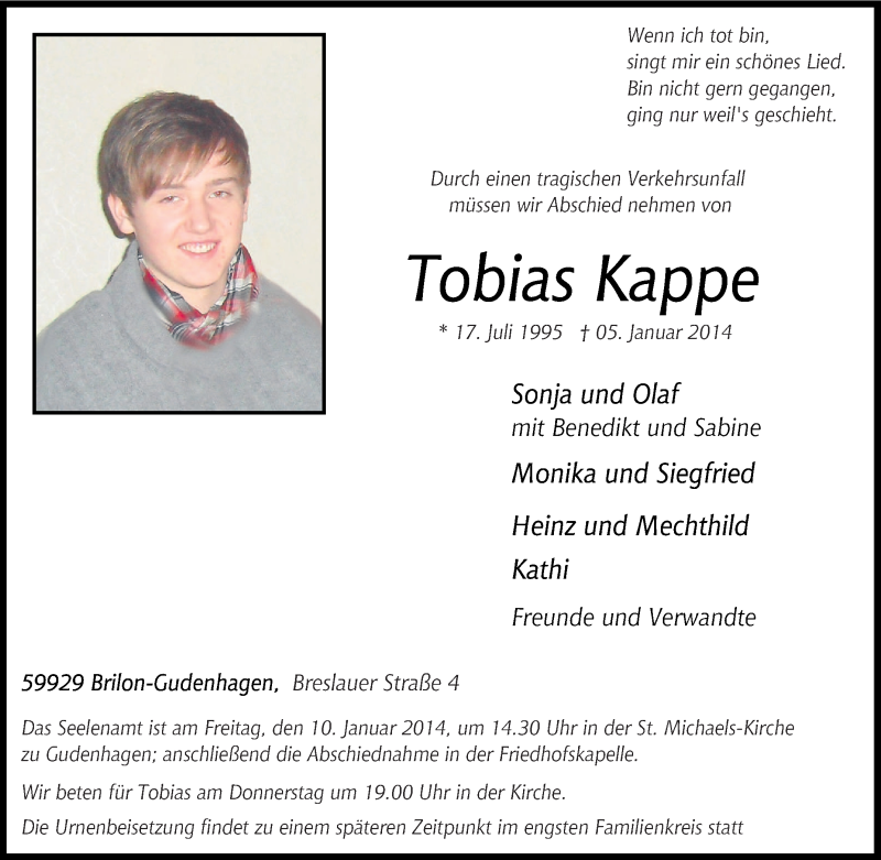  Traueranzeige für Tobias Kappe vom 08.01.2014 aus Tageszeitung