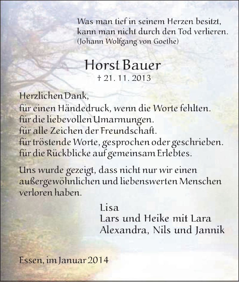  Traueranzeige für Horst Bauer vom 18.01.2014 aus Tageszeitung