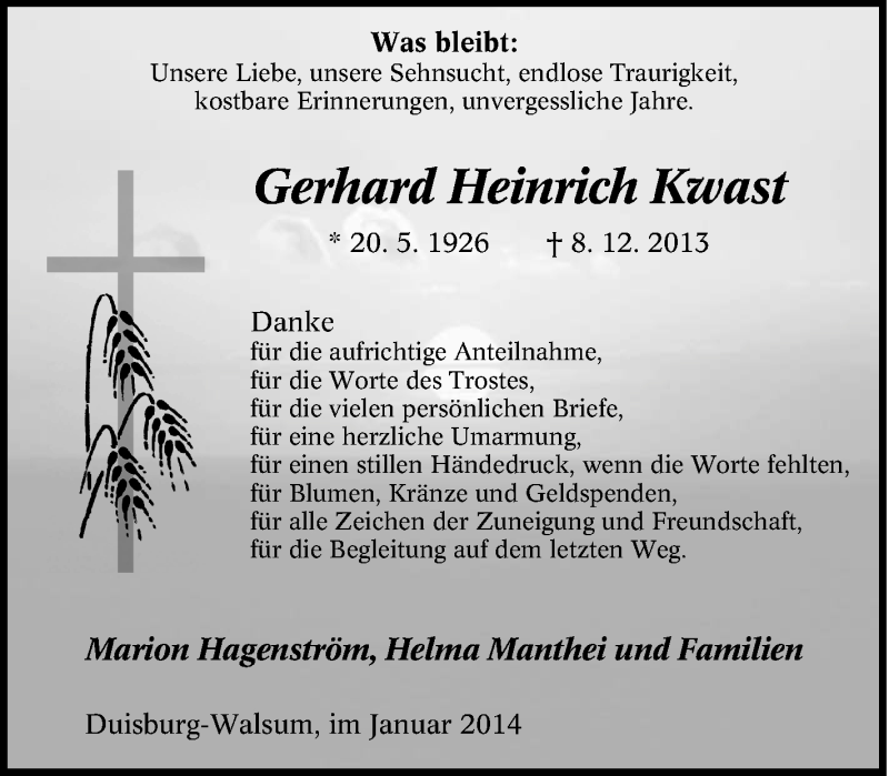  Traueranzeige für Gerhard Heinrich Kwast vom 17.01.2014 aus Tageszeitung