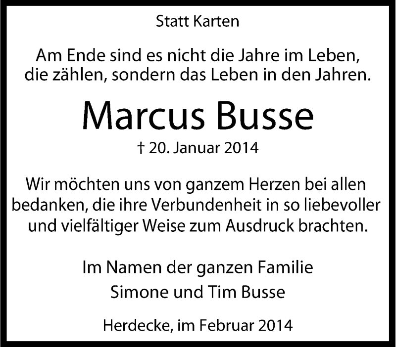  Traueranzeige für Marcus Busse vom 23.01.2014 aus Tageszeitung