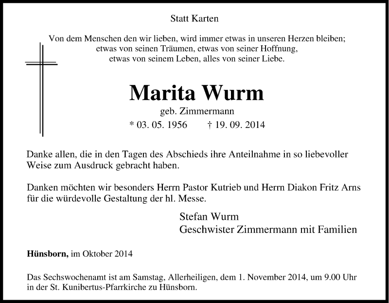  Traueranzeige für Marita Wurm vom 25.10.2014 aus Tageszeitung