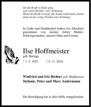 Traueranzeige von Ilse Hoffmeister von Tageszeitung