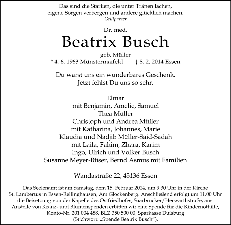  Traueranzeige für Beatrix Busch vom 12.02.2014 aus Tageszeitung