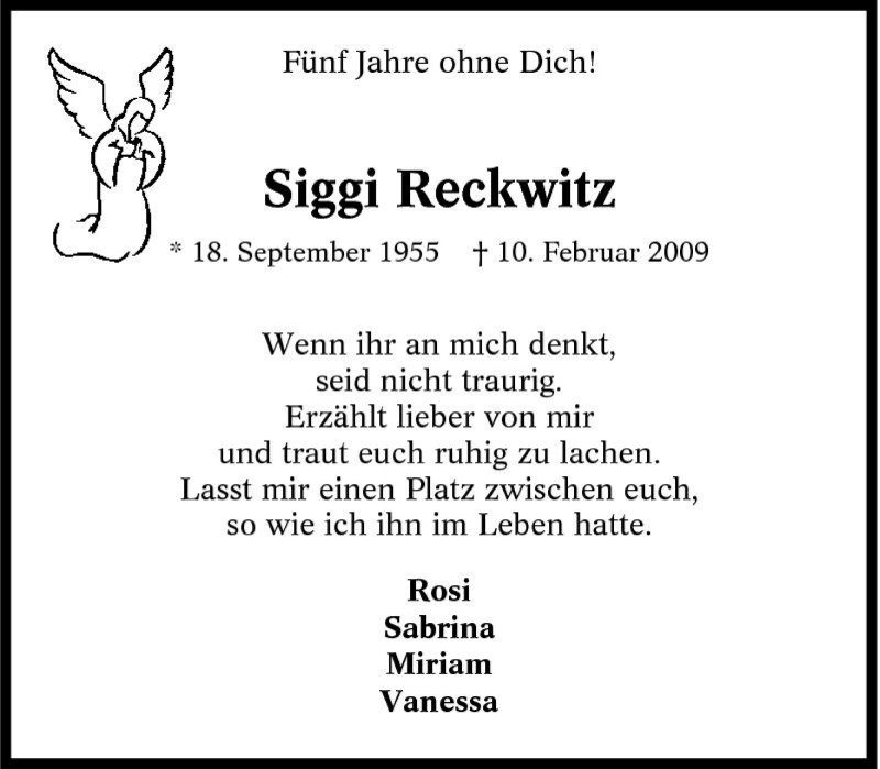  Traueranzeige für Siggi Reckwitz vom 10.02.2014 aus Tageszeitung