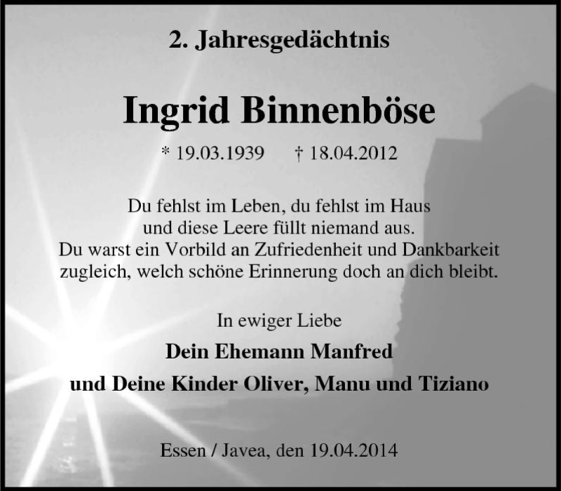  Traueranzeige für Ingrid Binnenböse vom 19.04.2014 aus Tageszeitung