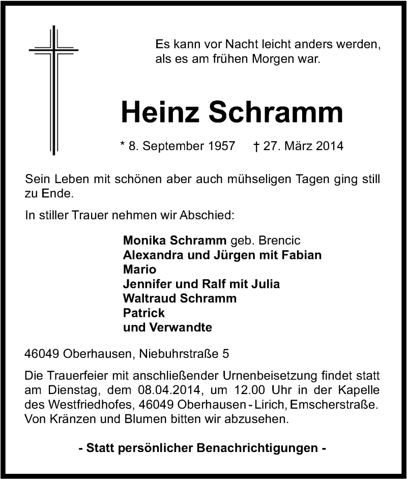  Traueranzeige für Heinz Schramm vom 02.04.2014 aus Tageszeitung