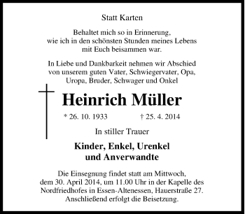 Traueranzeige von Heinrich Müller von Tageszeitung