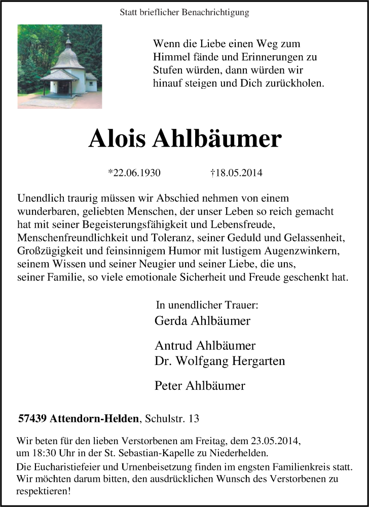  Traueranzeige für Alois Ahlbäumer vom 23.05.2014 aus Tageszeitung