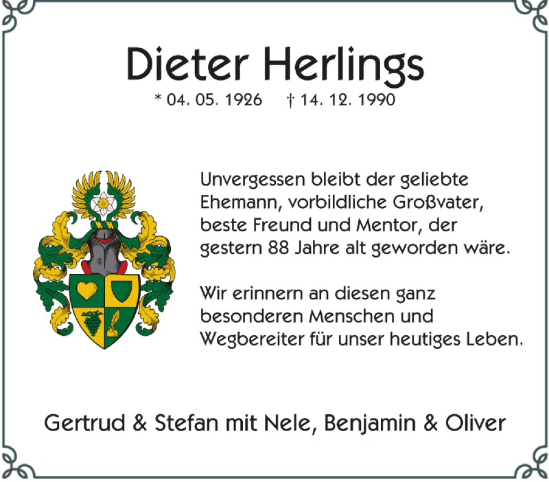  Traueranzeige für Dieter Herlings vom 05.05.2014 aus Tageszeitung