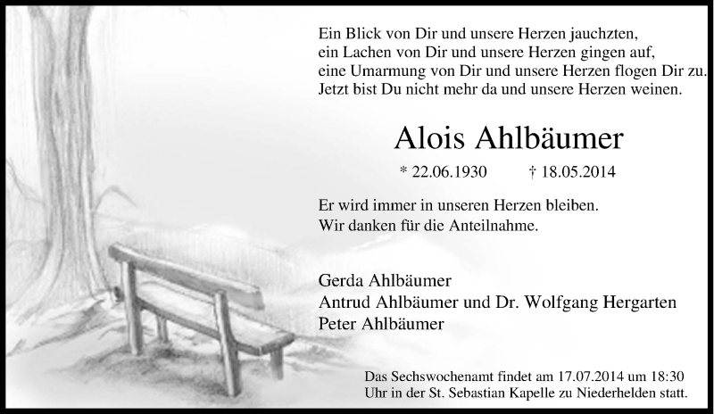  Traueranzeige für Alois Ahlbäumer vom 12.07.2014 aus Tageszeitung