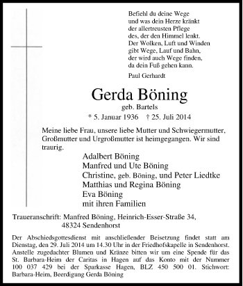 Traueranzeige von Gerda Böning von Tageszeitung