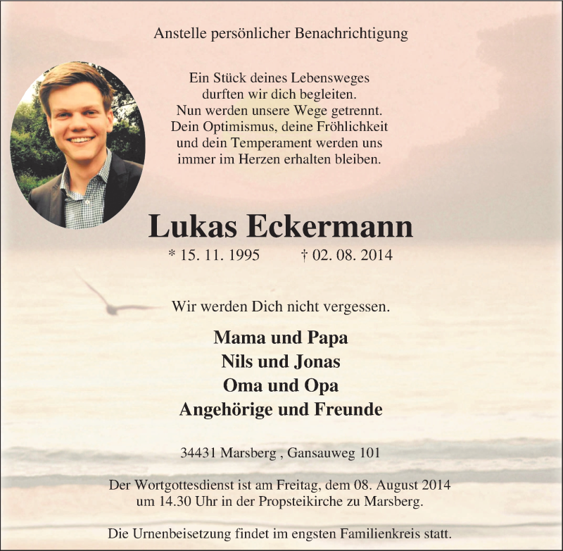  Traueranzeige für Lukas Eckermann vom 04.08.2014 aus Tageszeitung