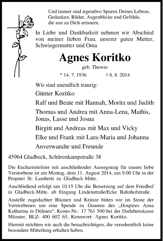  Traueranzeige für Agnes Koritko vom 08.08.2014 aus waz