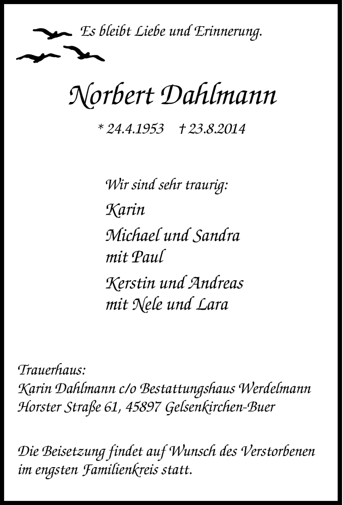  Traueranzeige für Norbert Dahlmann vom 30.08.2014 aus Tageszeitung