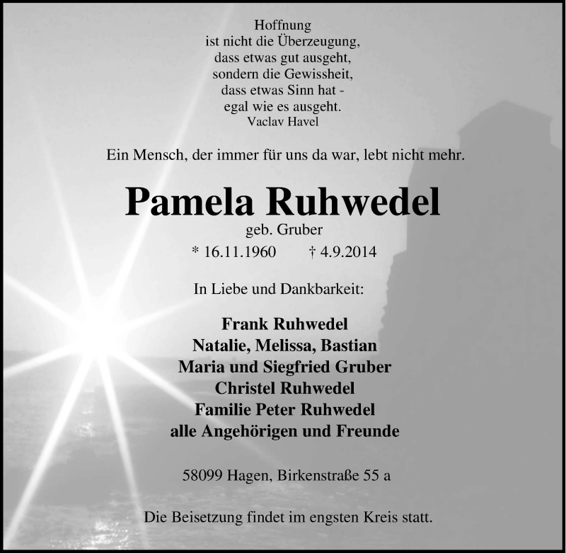  Traueranzeige für Pamela Ruhwedel vom 10.09.2014 aus Tageszeitung