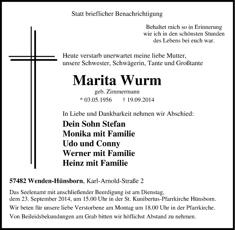  Traueranzeige für Marita Wurm vom 22.09.2014 aus Tageszeitung