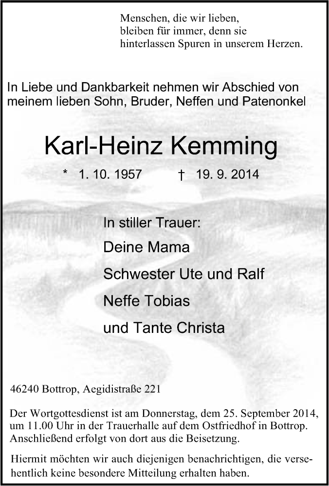  Traueranzeige für Karl-Heinz Kemming vom 23.09.2014 aus Tageszeitung