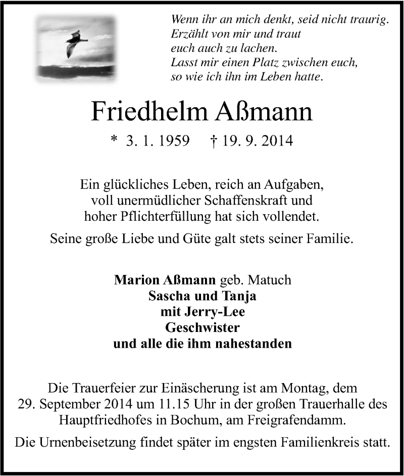 Traueranzeige für Friedhelm Aßmann vom 24.09.2014 aus Tageszeitung