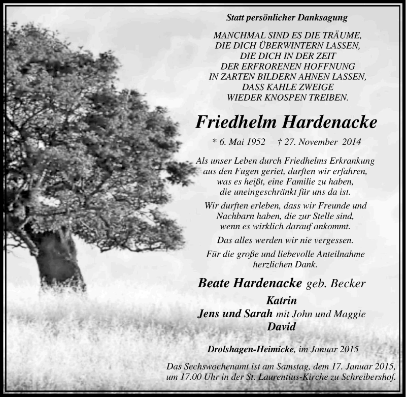  Traueranzeige für Friedhelm Hardenacke vom 14.01.2015 aus waz