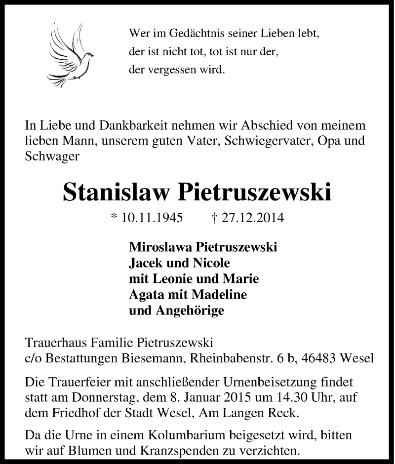  Traueranzeige für Stanislaw Pietruszewski vom 03.01.2015 aus Tageszeitung