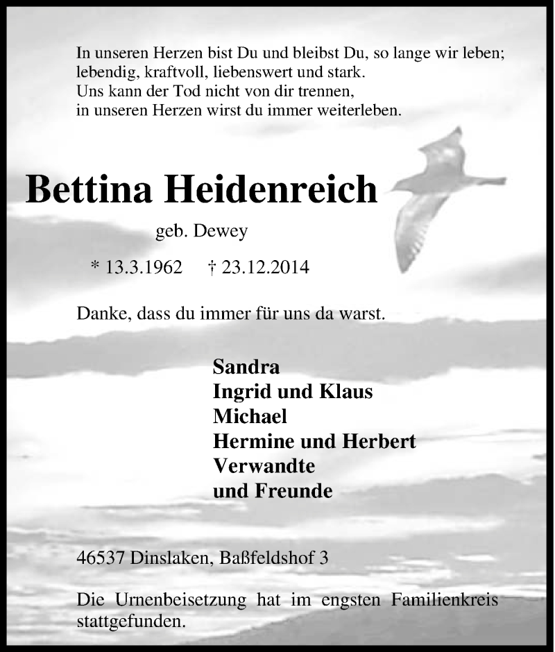  Traueranzeige für Bettina Heidenreich vom 10.01.2015 aus Tageszeitung