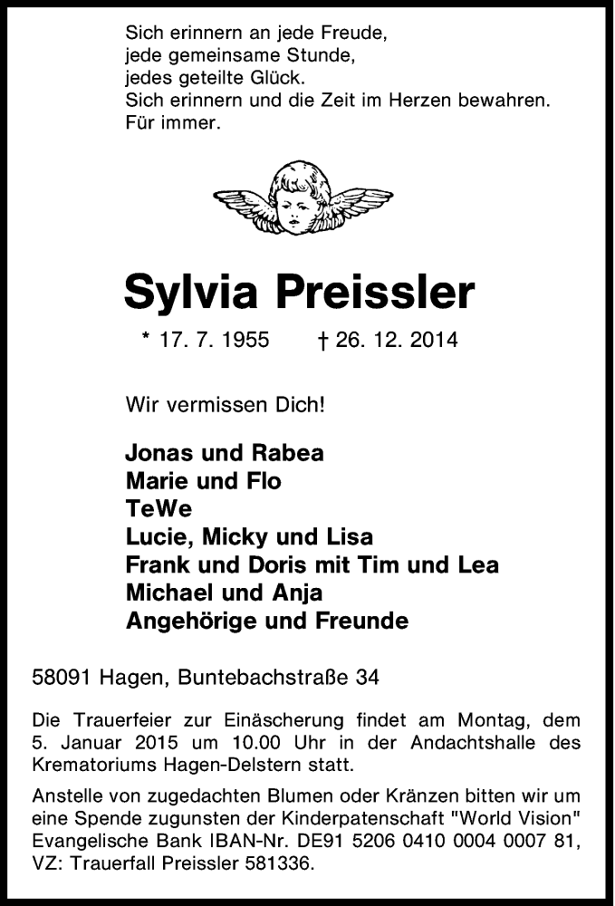  Traueranzeige für Sylvia Preissler vom 03.01.2015 aus Tageszeitung