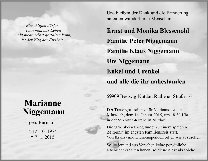  Traueranzeige für Marianne Niggemann vom 10.01.2015 aus Tageszeitung