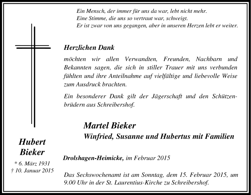  Traueranzeige für Hubert Bieker vom 12.01.2015 aus waz