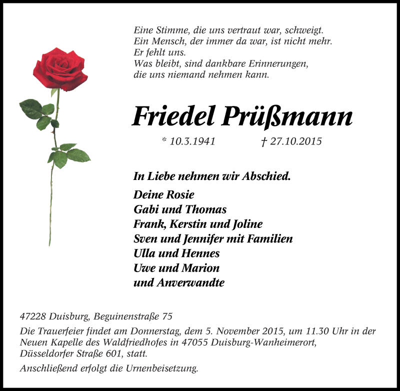  Traueranzeige für Friedel Prüßmann vom 31.10.2015 aus Tageszeitung