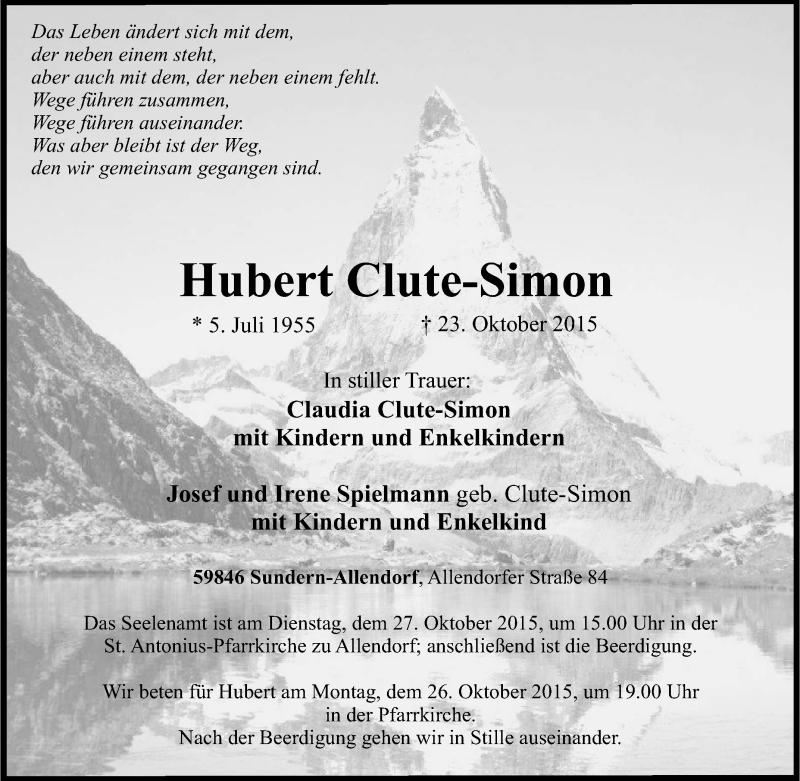  Traueranzeige für Hubert Clute-Simon vom 24.10.2015 aus Tageszeitung