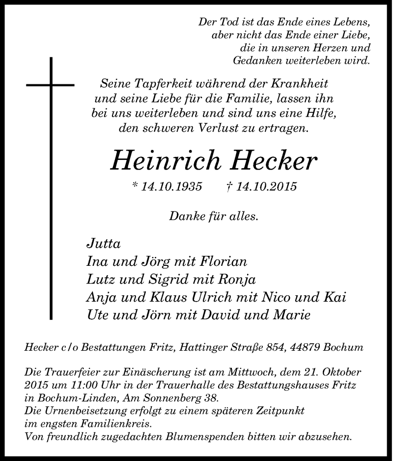  Traueranzeige für Heinrich Hecker vom 17.10.2015 aus waz