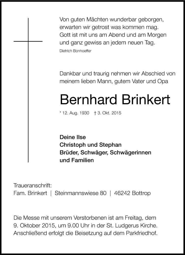  Traueranzeige für Bernhard Brinkert vom 06.10.2015 aus waz