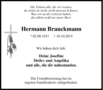 Traueranzeige von Hermann Brauckmann von waz