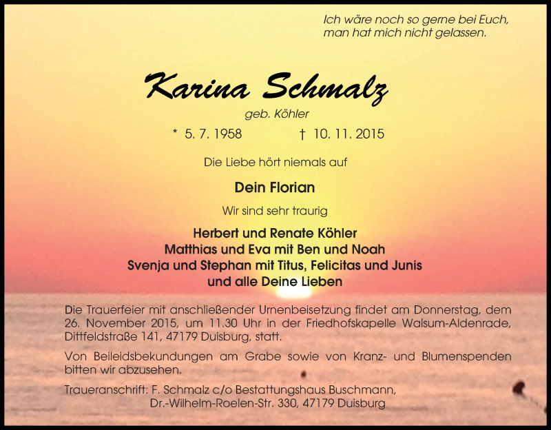  Traueranzeige für Karina Schmalz vom 20.11.2015 aus waz