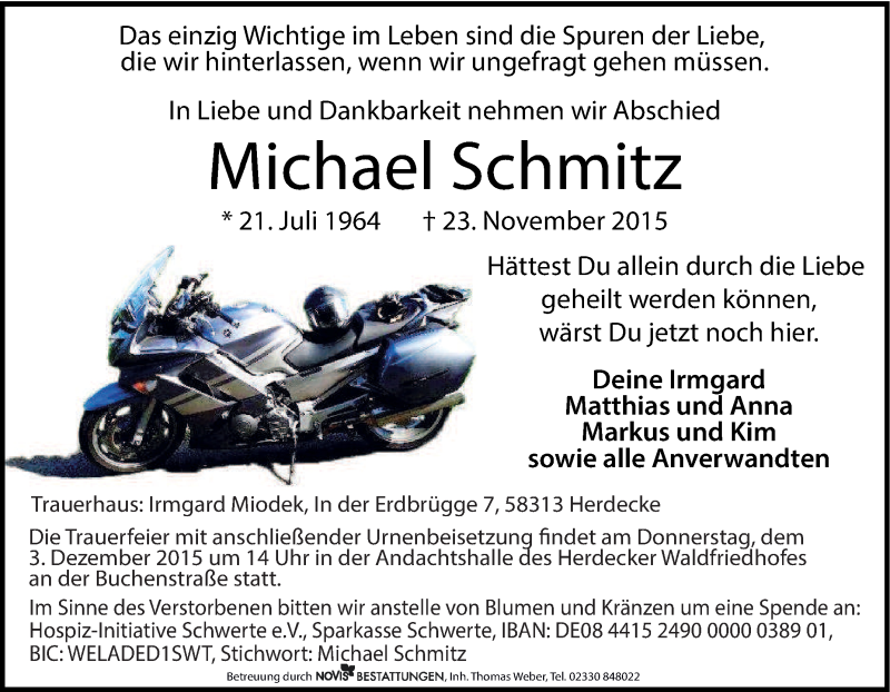  Traueranzeige für Michael Schmitz vom 28.11.2015 aus Tageszeitung